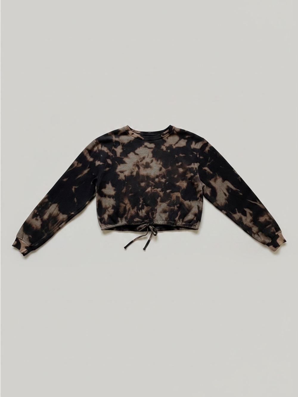 Tie-Dye Cropped Drawstring Sweatshirt - Black/Brown